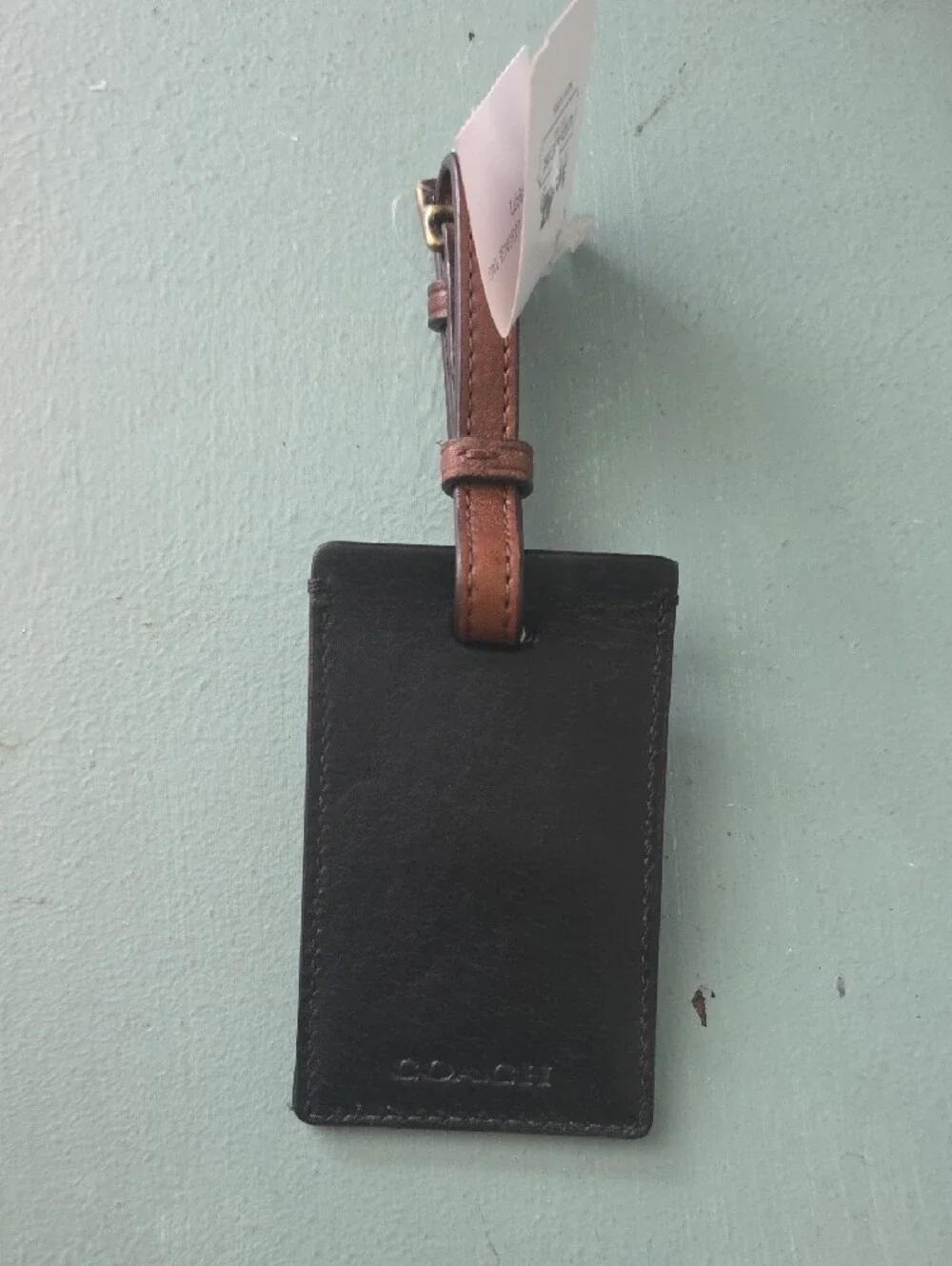 Coach Black Leather Luggage Tag with Brown Strap
